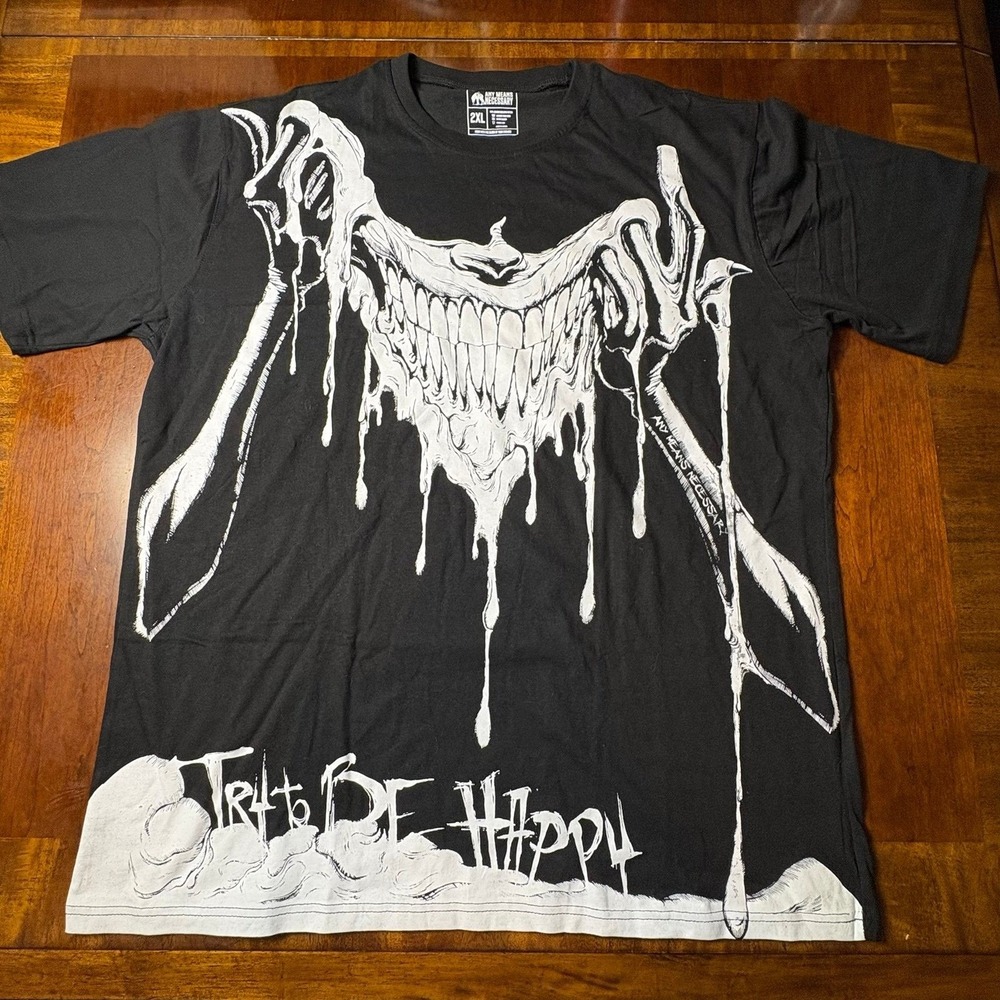 Any Means Necessary Try To Be Happy Horror Graphic Tee 2XL